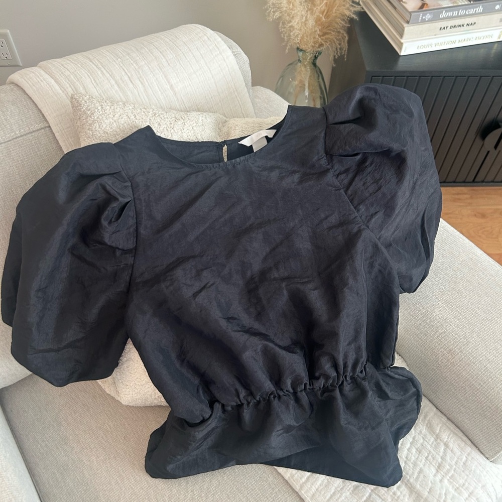 Hm Black Puff Sleeve Blouse black babydoll old money office corporate top